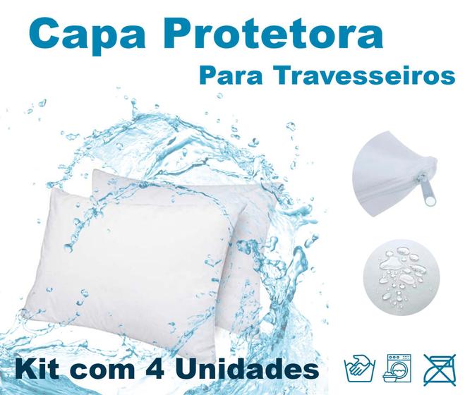 Imagem de Kit 4 fronhas Capa Protetora Impermeável Com Ziper Antiácaro