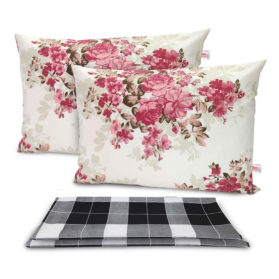 Imagem de Kit 4 Fronhas Envelope para Travesseiro Estampadas Algodão Pol Floral Xadrez