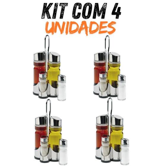 Imagem de Kit 4 Galheteiro Bar Restaurante 5 Peças C/ Suporte Saleiro
