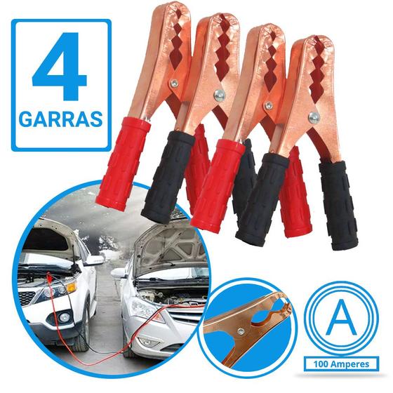 Imagem de Kit 4 Garra Jacaré Para Bateria Conector Eletrico Clip Chupeta 100A Vermelho/Preto Carregador Veicular