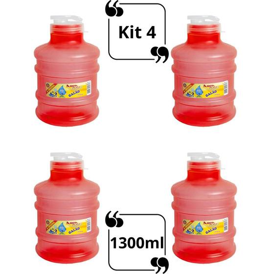 Imagem de Kit 4 Garrafa de Agua Para Geladeira 1,3L Modelo Galão Com Tampa Clic Galaozinho 1300ml Colorida Livre de BPA Arcaplast