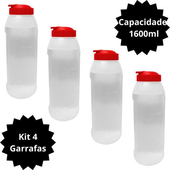 Imagem de Kit 4 Garrafa de Agua Para Geladeira 1,6 Litros Gelada 1600ml Cozinha Água 1,6l Transparente Máxima Plast