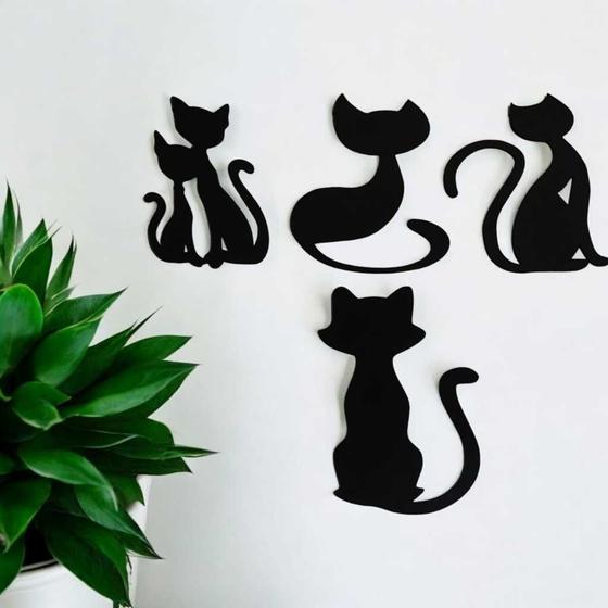 Imagem de Kit 4 Gatos em MDF preto ou cru 3mm, para Decoração, Artesanato.