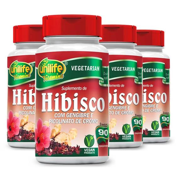 Imagem de Kit 4 hibisco gengibre picolinato de cromo 90 comp unilife