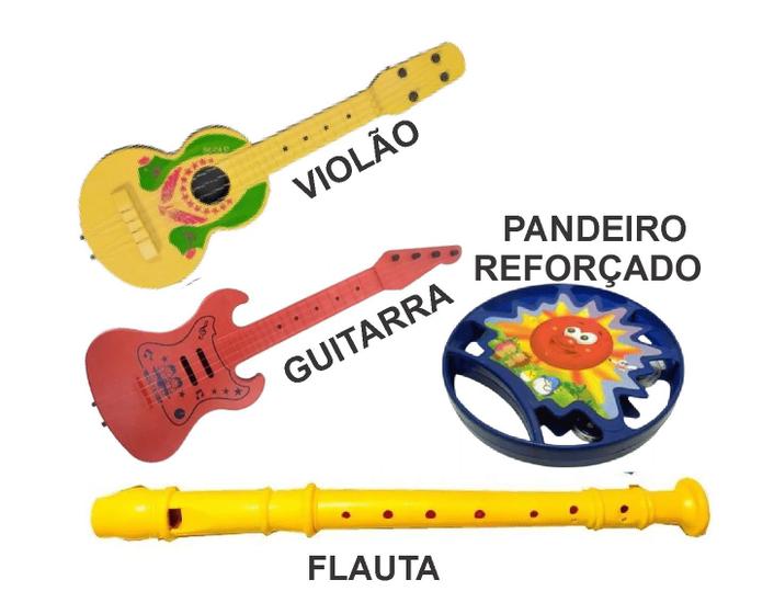 Imagem de  Kit 4 Instrumentos Musical Violão Pandeiro Flauta Guitarra Infantil Brinquedo Banda