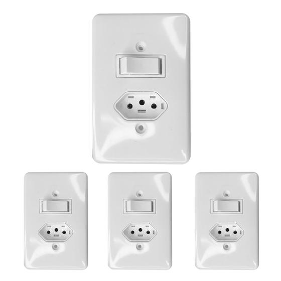 Imagem de Kit 4 interruptor 1 tecla 6A com tomada 20A 2P+T 250V embutir 4x2 Ilumi