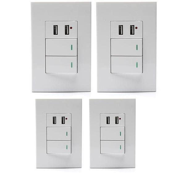 Imagem de Kit 4 Interruptor Duplo Com 2 Portas Usb Adaptador Celular