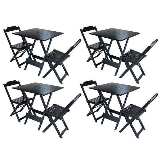 Imagem de Kit 4 Jogos de Mesa Dobravel com 2 Cadeiras de Madeira 70x70 Ideal para Bar e Restaurante - Preto