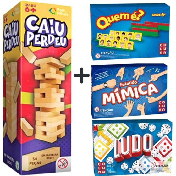 Imagem de Kit 4 Jogos Estratégia Ludo, Fazendo Mimica, Jogo Caiu Perdeu Madeira e Quem é estilo cara a cara