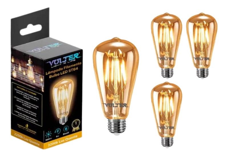 Imagem de Kit 4 Lâmpada Led Filamento Retro St64 4w Bivolt E27 2200k