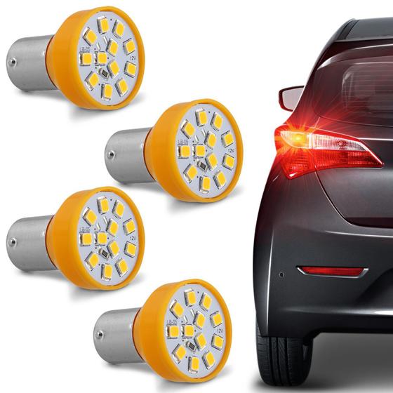 Imagem de Kit 4 Lâmpadas 12 LEDs 1 Polo Trava Reta 21W 12V Luz Laranja Aplicação Pisca Seta