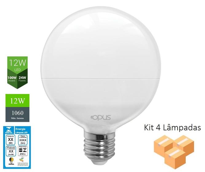 Imagem de Kit 4 Lâmpadas LED G95 E27 6500K 12W Bivolt - Opus