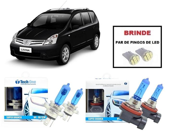 Imagem de Kit 4 Lampadas Super Brancas para Farol Alto/Baixo/Milha Modelo H4 H11 Nissan Livina 2010 a 2013