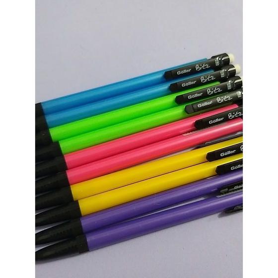 Imagem de Kit 4 lapiseiras 0.7mm neon com borracha escolar papelaria clássico