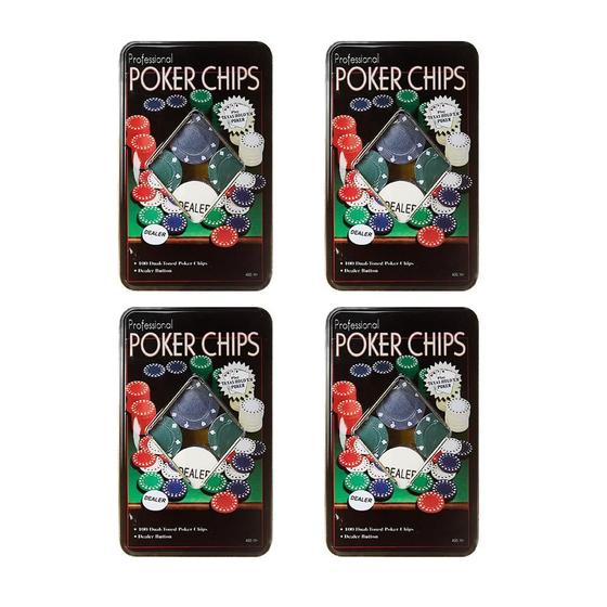 Imagem de Kit 4 Latas Poker Chips Com 100 Fichas + 1 Ficha Dealer Cada