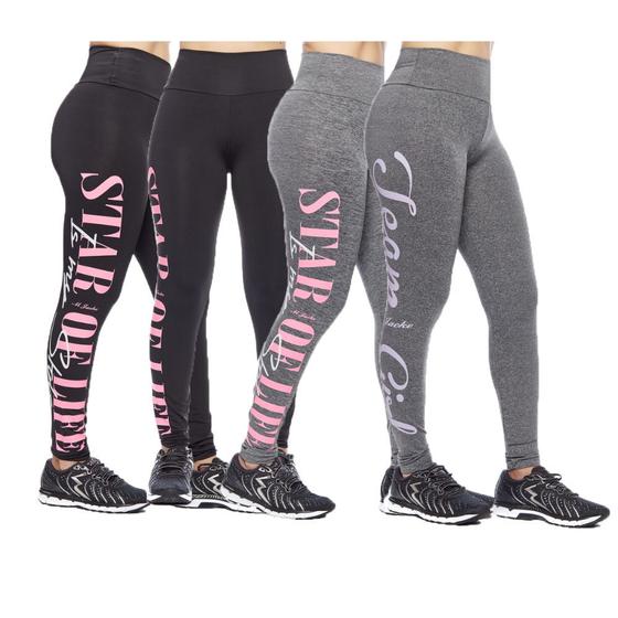 Imagem de Kit 4 legging adulto feminina fitness academia cós alto escrita lateral básica
