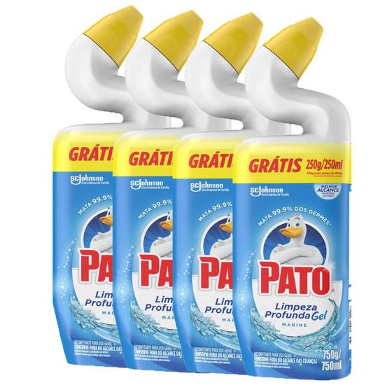 Imagem de Kit 4 Limpadores Sanitário Pato Limpeza Profunda Gel Marine 750ml Grátis 250g/ml