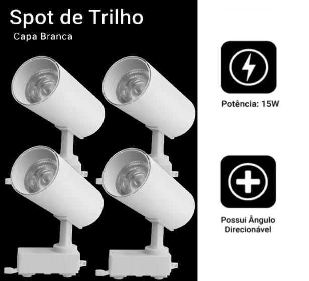 Imagem de Kit 4 Luminária Branco Trilho Spot Led 15W 3500K Branco Quente