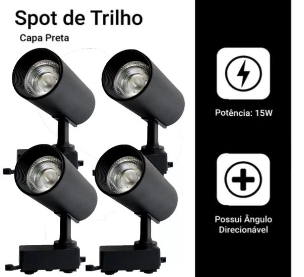 Imagem de Kit 4 Luminária Preto Trilho Spot Led 15W 3500K Branco Quente