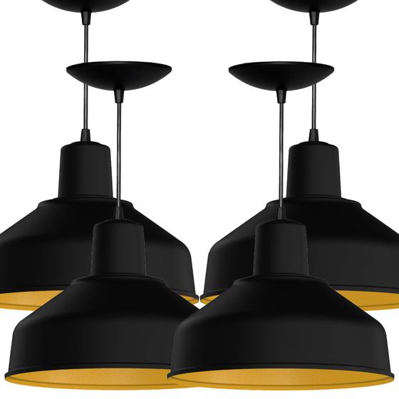 Kit 4 Luminarias Pendente Bedd 12" Retrô Preto Fosco / Dourado Real