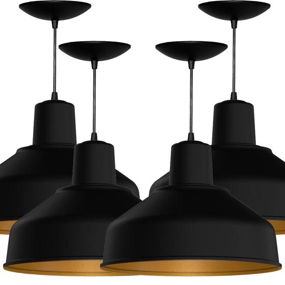 Kit 4 Luminarias Pendente Bedd 14 Retrô Preto Fosco/Dourado Shop Da