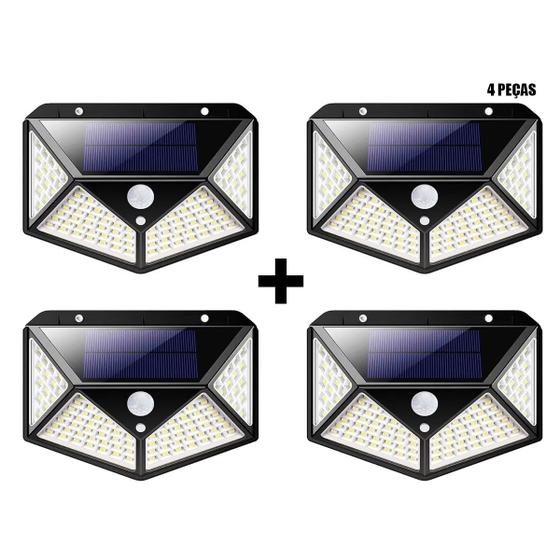 Imagem de KIT 4 Luminárias Refletor LED Energia Solar 100 LED Grande Sensor Presença Sem fio Extra Forte Parede Branca Externa