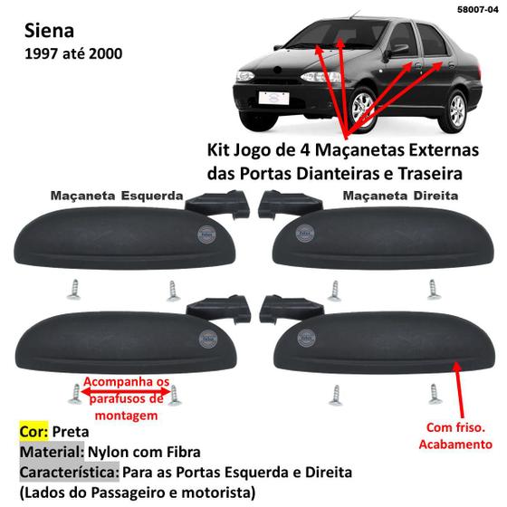 Imagem de Kit 4 Maçanetas Externa Fiat Siena 1997-2000 com friso