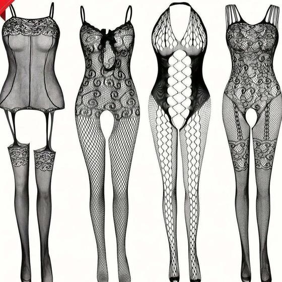 Imagem de Kit 4 Meia Arrastão Virilha Aberta Lingerie de Rendas ElaShopp