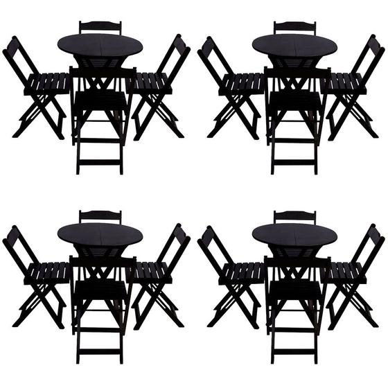 Imagem de Kit 4 Mesas Dobraveis 70x70 Tampo Redondo em Madeira Maciça com 4 Cadeiras - Preto