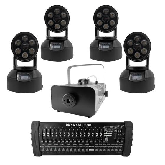 Imagem de Kit 4 mini moving + máquina de fumaça 2000w + mesa dmx 384