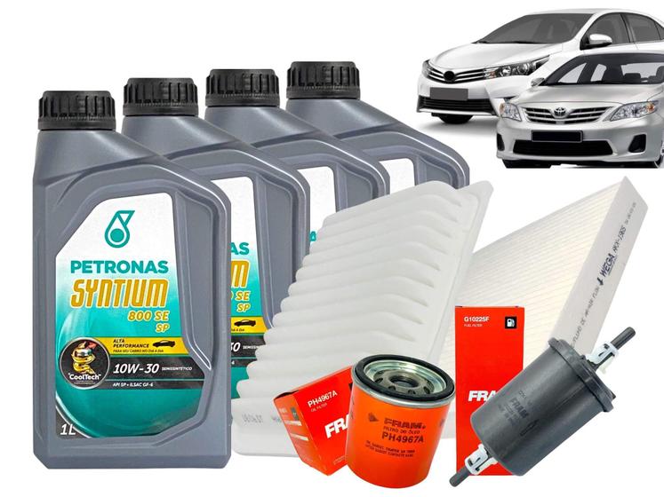 Imagem de Kit 4 óleo 10W30 + Filtros Ar/Óleo/Combustível/Cabine Corolla Flex 2009 a 2019 PETRONAS / FRAM / WEG