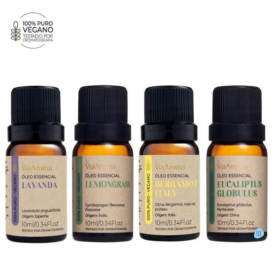 Imagem de Kit 4 Óleo Essencial Via Aroma Lavanda Bergamota Lemongrass e Eucalipto