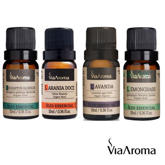 Imagem de Kit 4 Óleos Essenciais Via Aroma Para Aromaterapia Eucalipto, Laranja, Lavanda e Capim Limão Puros e Naturais