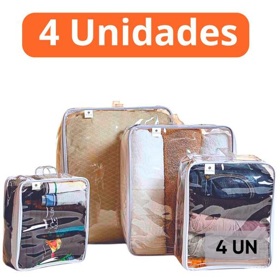 Imagem de Kit 4 Organizador de Guarda Roupas Armário  Viagem Malas Transparente Multiuso C/Alça Manuseio  