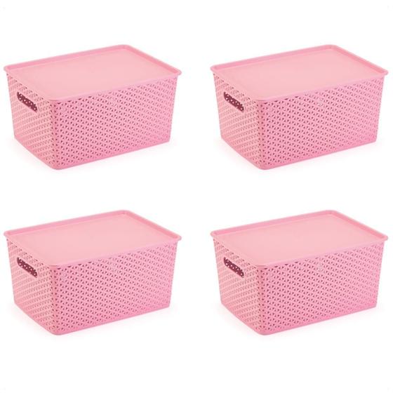 Imagem de Kit 4 Organizadores Rattan Grande Cesto Rosa Com Tampa 36Cm