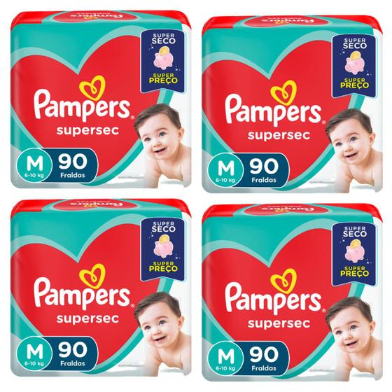 Imagem de Kit 4 PACOTES DE FRALDA PAMPERS INFANTIL SUPERSEC  TAMANHO M COM 90 FRALDAS CADA