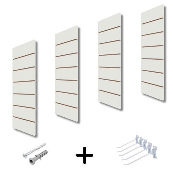 Imagem de Kit 4 Painel Canaletado Branco Mdf Para Loja 0,90x0,30m + 10 Ganchos Branco de 15cm