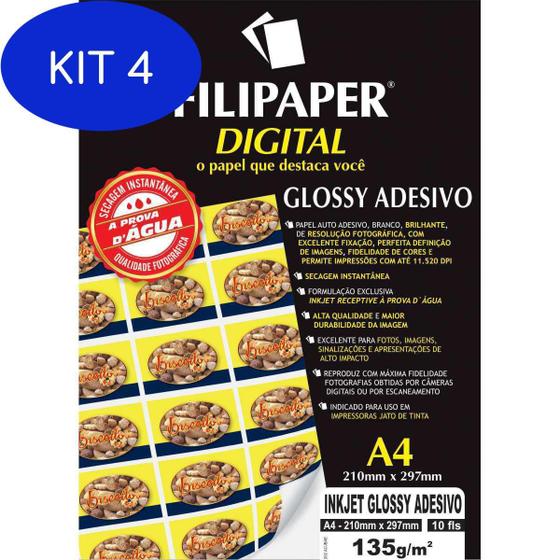 Imagem de Kit 4 Papel Fotografico Inkjet A4 Glossy Adesivo 135G