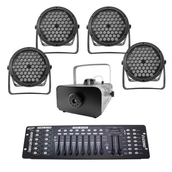 Imagem de Kit 4 Par Led 3 Em 1 + Máq. De Fumaça 2000W + Mesa Dmx 512