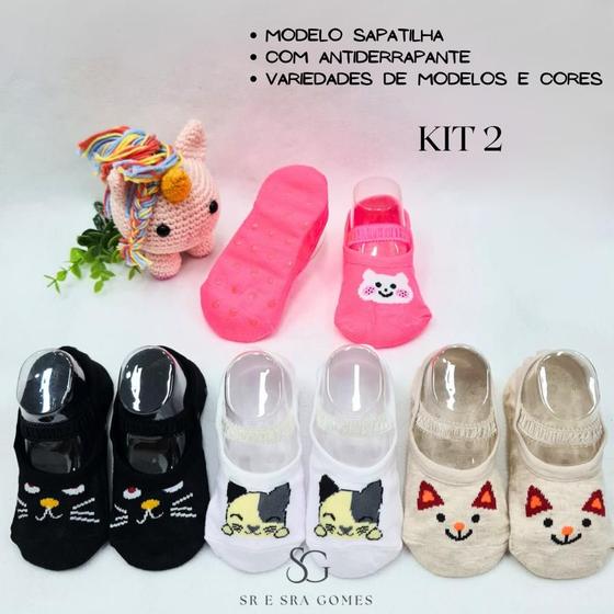 Imagem de Kit 4 pares de meia infantil modelo sapatilha com antiderrapante para crianças de 4 á 6 anos menina ótima qualidade