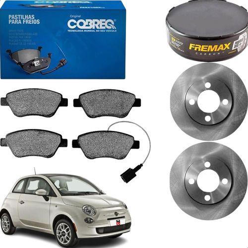 Imagem de Kit 4 Pastilhas  2 Discos Freio Fiat 500 2011 2012 2013 2014 2015 Dianteiro Trw