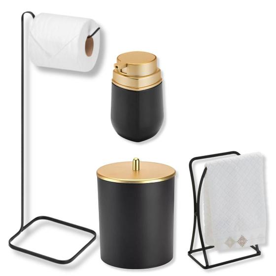 Imagem de Kit 4 Peças Acessórios Banheiro Lavabo Preto Dourado Fosco Elegante