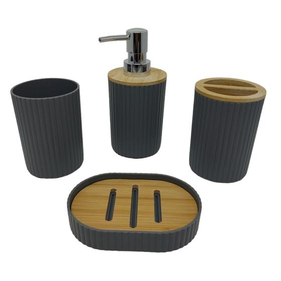 Imagem de Kit 4 Peças Banheiro Lavabo Cinza Com Acabamento Em Bambu