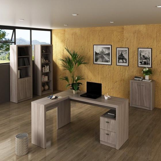 Imagem de Kit 4 Peças com 1 Mesa para Escritório em L, 2 Estantes e 1 Armário Baixo