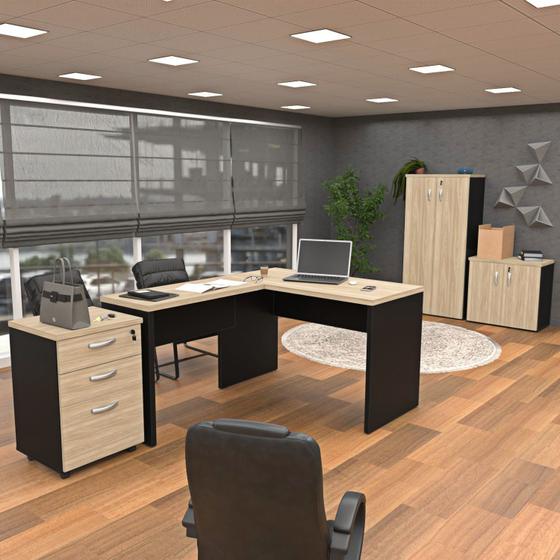Imagem de Kit 4 Peças com Mesa para Escritório em L, Gaveteiro e 2 Armários
