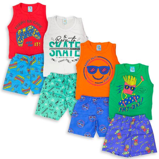 Imagem de Kit 4 Peças Conjunto Regata Infantil Menino Verão Estampada Kit 2 Conjuntos Regata + Shorts/Bermuda
