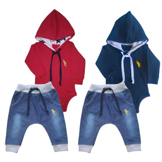 Imagem de Kit 4 Peças Conjunto Roupa Bebê Body com Capuz e Calça Jeans