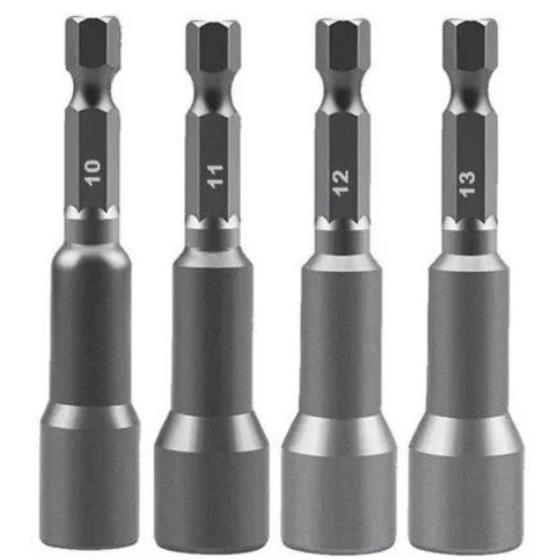 Kit 4 peças Soquete Magnético Parafusadeira Aço Cromo 10mm 11mm 12mm 13mm - CTPOHR Imagem de Kit 4 peças Soquete Magnético Parafusadeira Aço Cromo 10mm 11mm 12mm 13mm