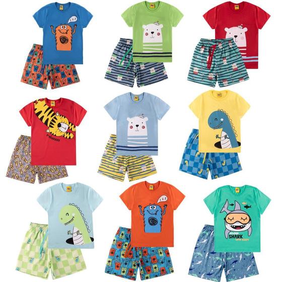 Imagem de Kit 4 Peças Sortidas de Pijama verão Infantil Menino - 2 Camisetas + 2 Bermudas - Kit 2 Conjuntos