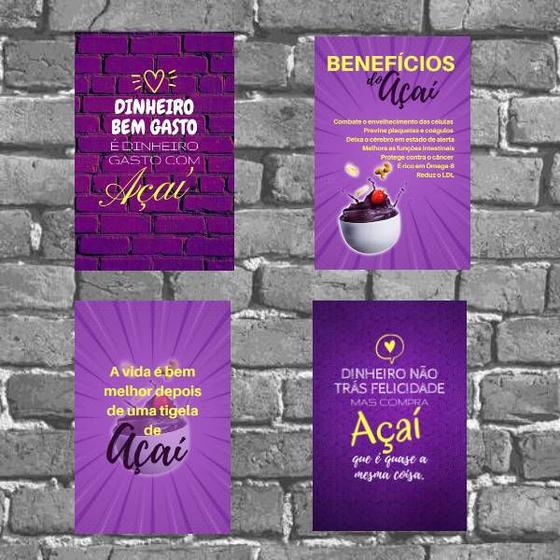 Imagem de Kit 4 Placas Decorativas Benefícios Do Açaí 18x27cm